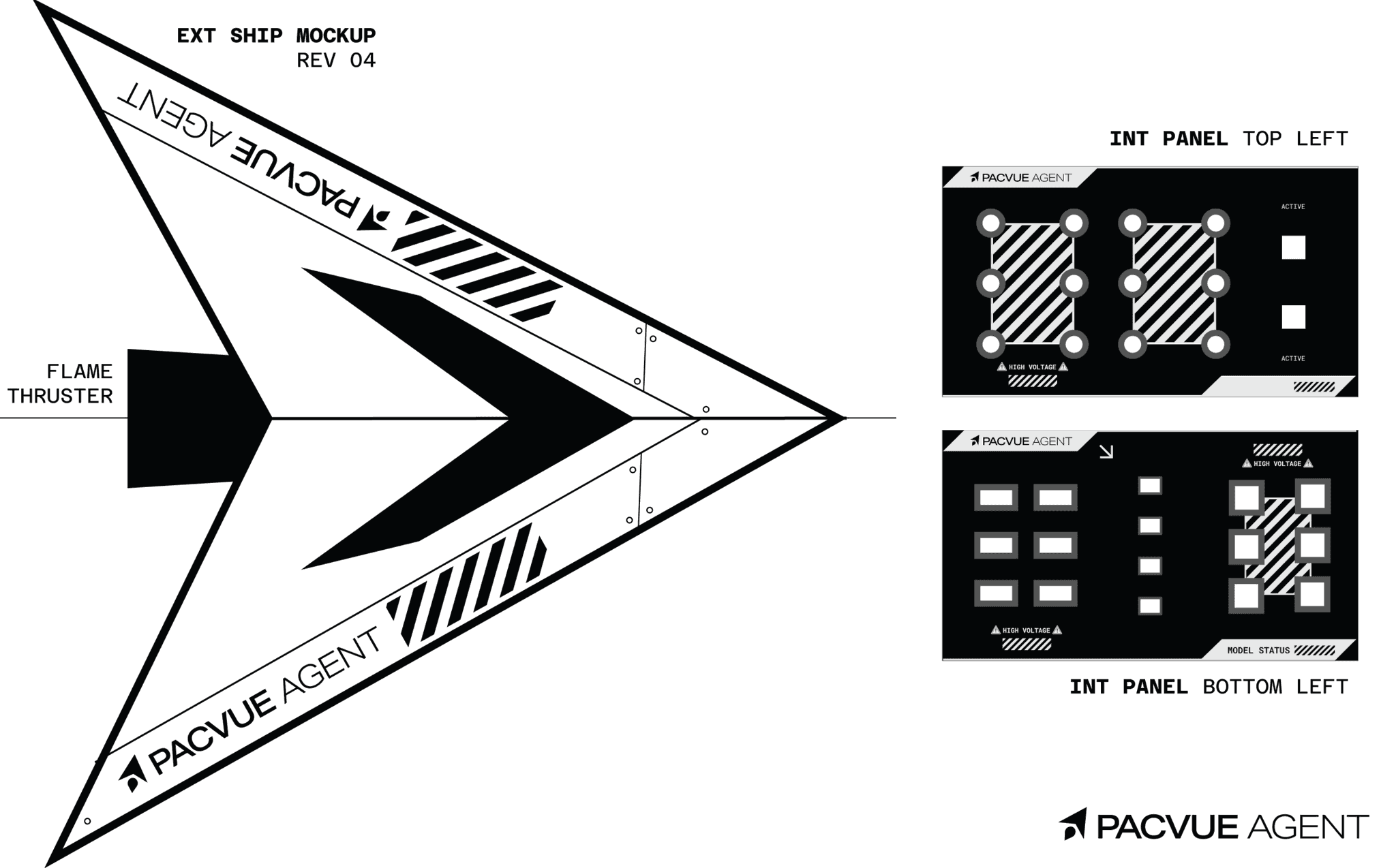 A technical mockup of the spaceship exterior and interior control panels
