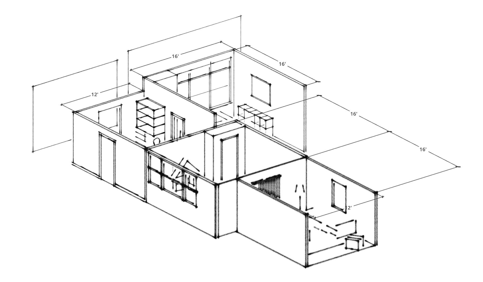A perspective drawing of four interconnecting rooms with their dimensions called out