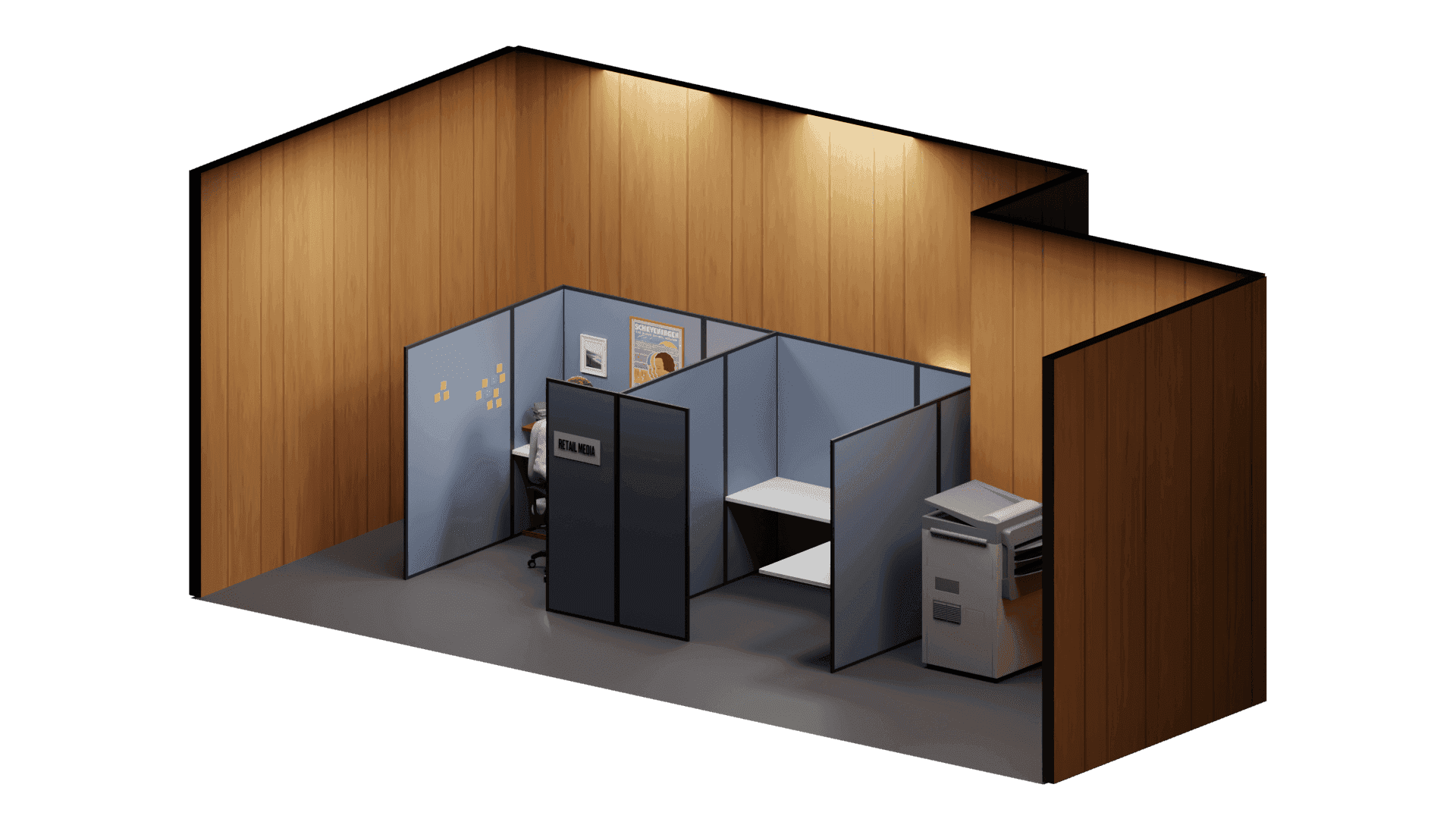 A 3D design render of the Pacvue office cubicle set